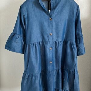 Blue Button-Up Tiered Dress